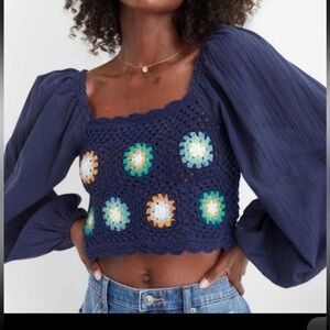 Aerie Navy Crochet Floral Women's Top large cottage core boho euro summer